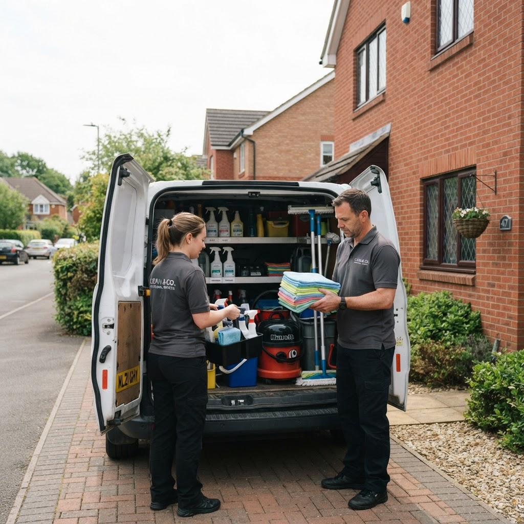 Two ONC cleaners loading equipment into a van outside a house