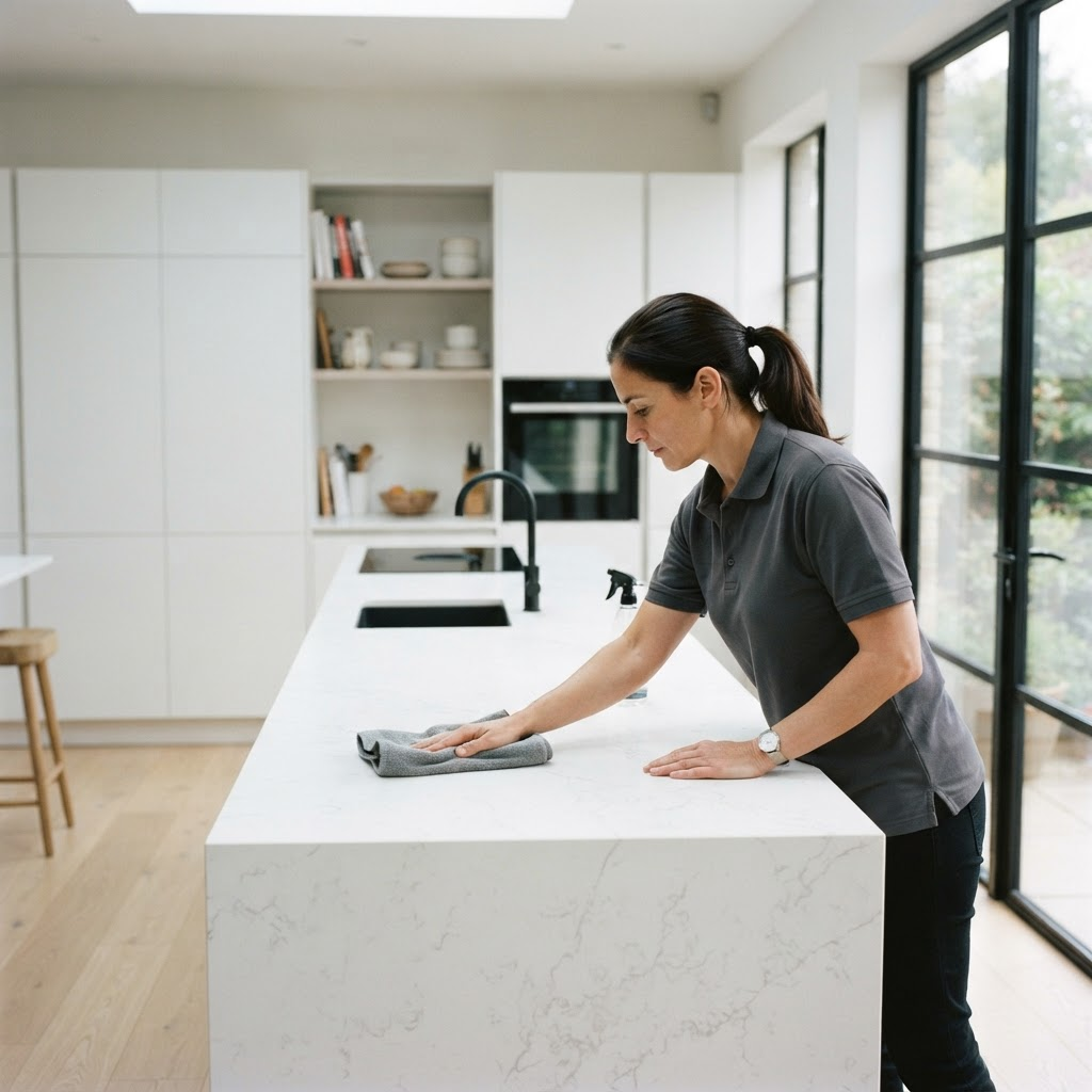 An ONC cleaner working in a modern kitchen