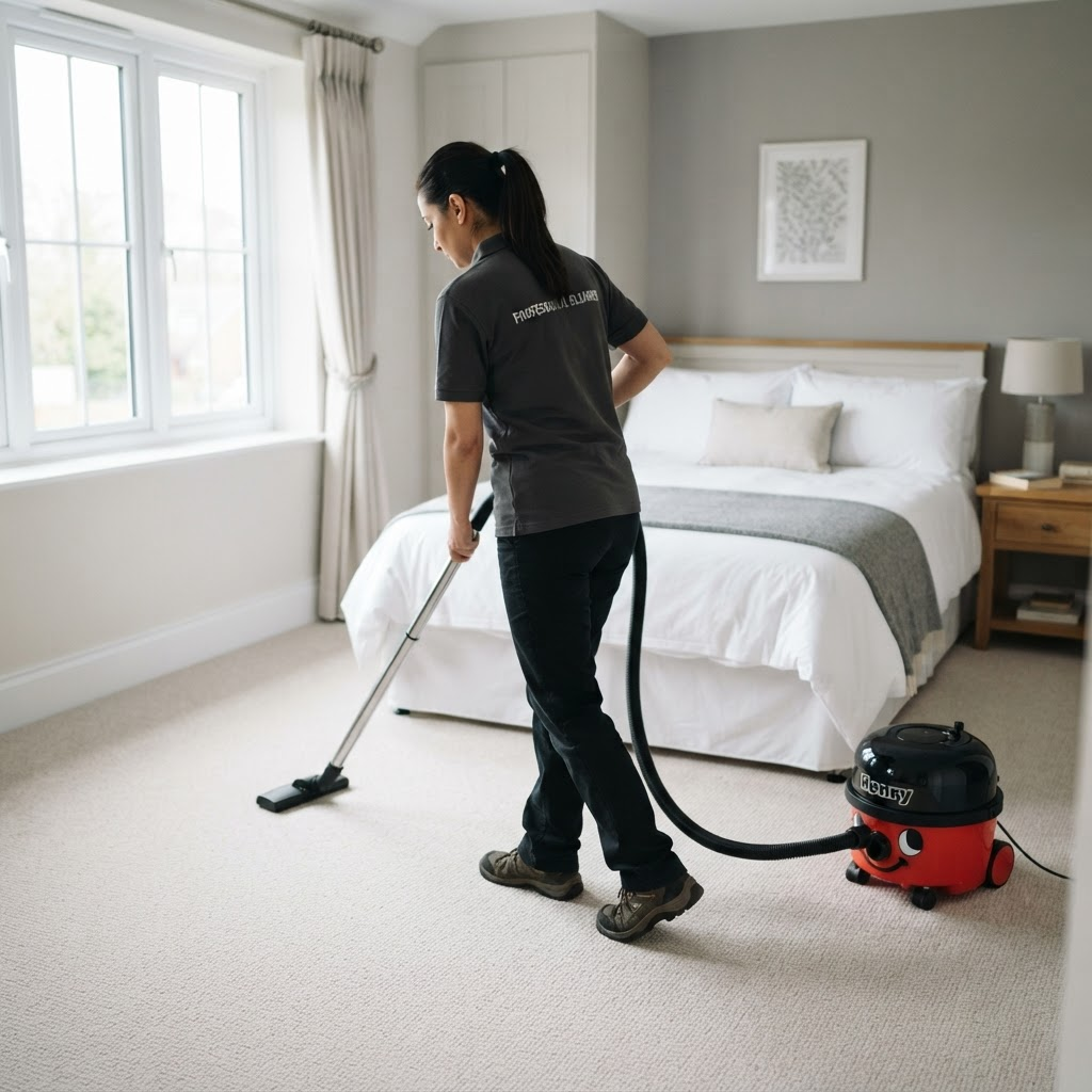 A professional cleaner vacuuming a bright modern bedroom