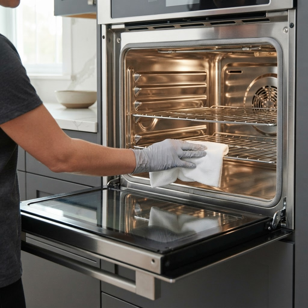 Gloved hands wiping the inside of a spotless modern oven